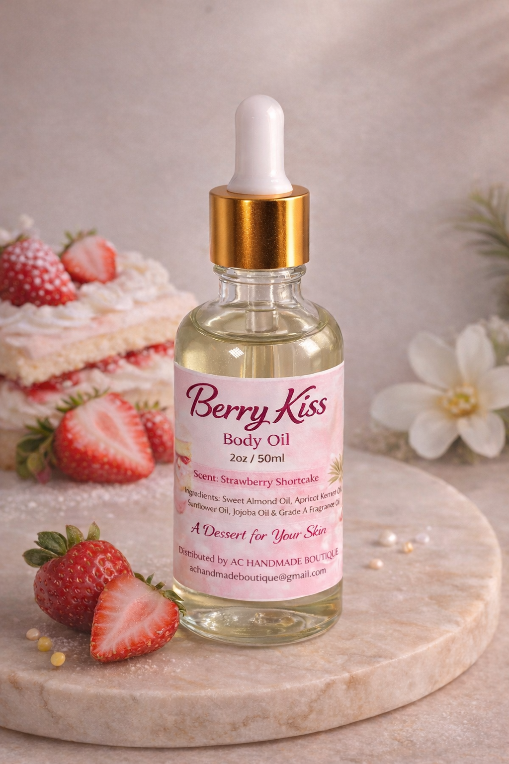Berry Kiss Body Oil (Clear) – Strawberry Shortcake Scent | Lightweight Glow Oil 2oz(50ml)