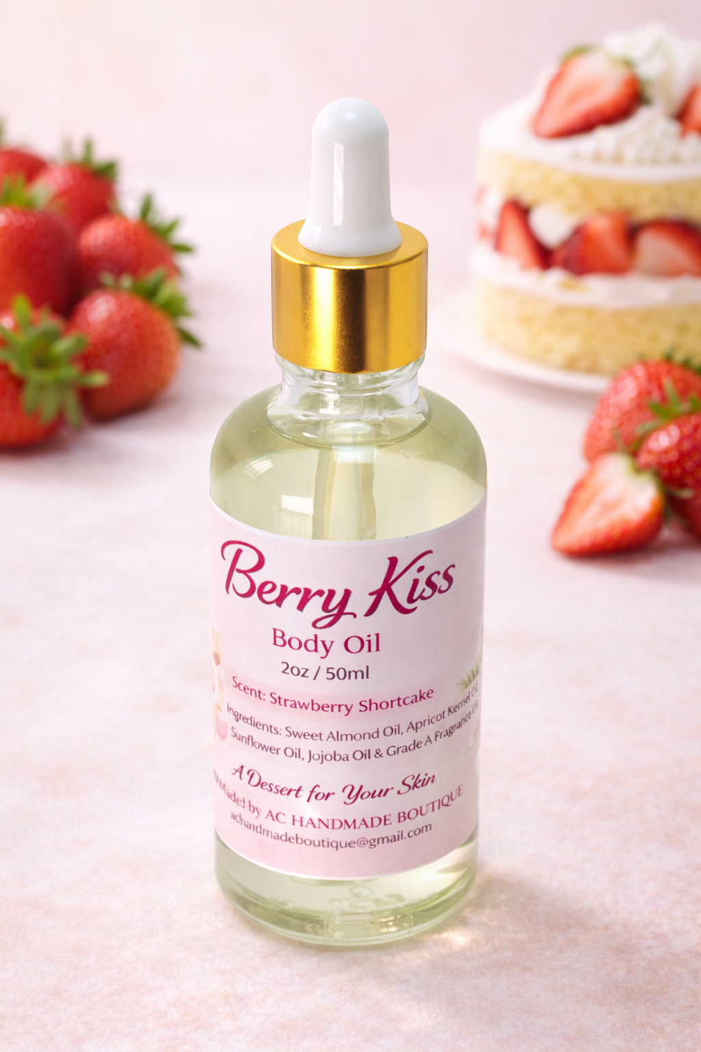 Berry Kiss Body Oil (Clear) – Strawberry Shortcake Scent | Lightweight Glow Oil 2oz(50ml)