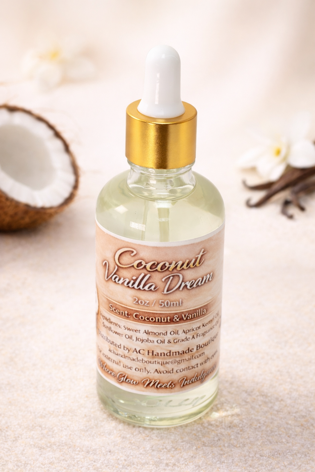 Coconut Vanilla Dream Body Oil – Coconut Vanilla Scent | Hydrating Glow Oil | Lightweight & Fast Absorbing (2oz/50ml)