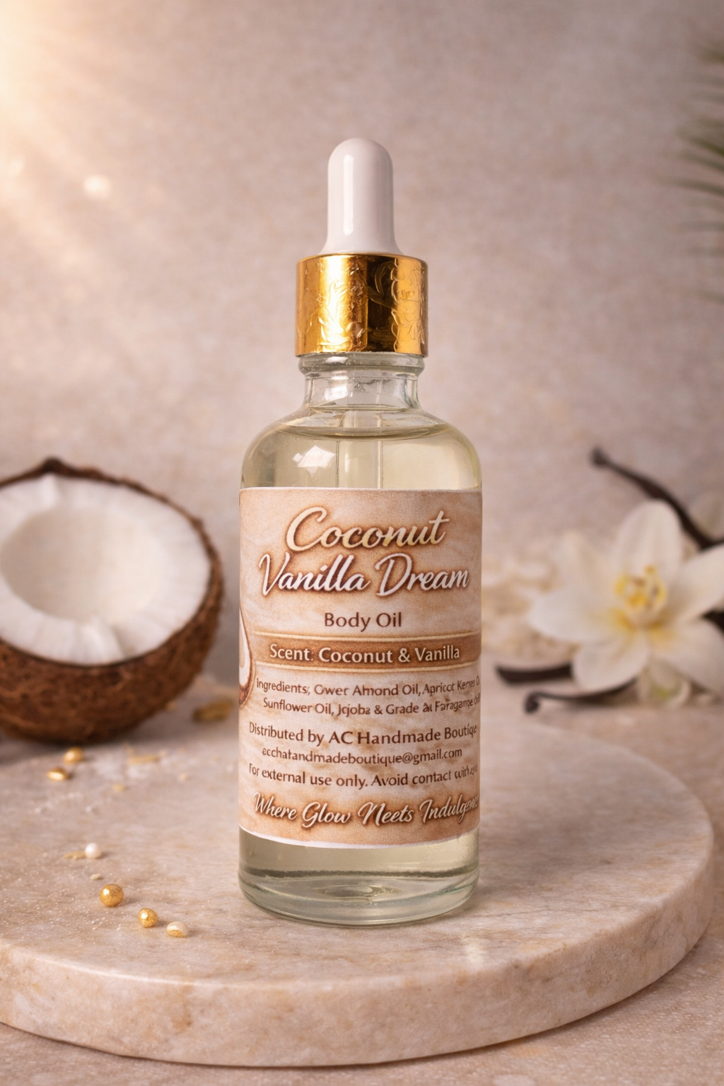 Coconut Vanilla Dream Body Oil – Coconut Vanilla Scent | Hydrating Glow Oil | Lightweight & Fast Absorbing (2oz/50ml)